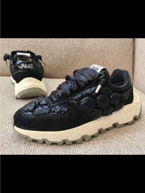 P448 Women's Black Quilted Floral Low-Top Sneakers with Cream Sole